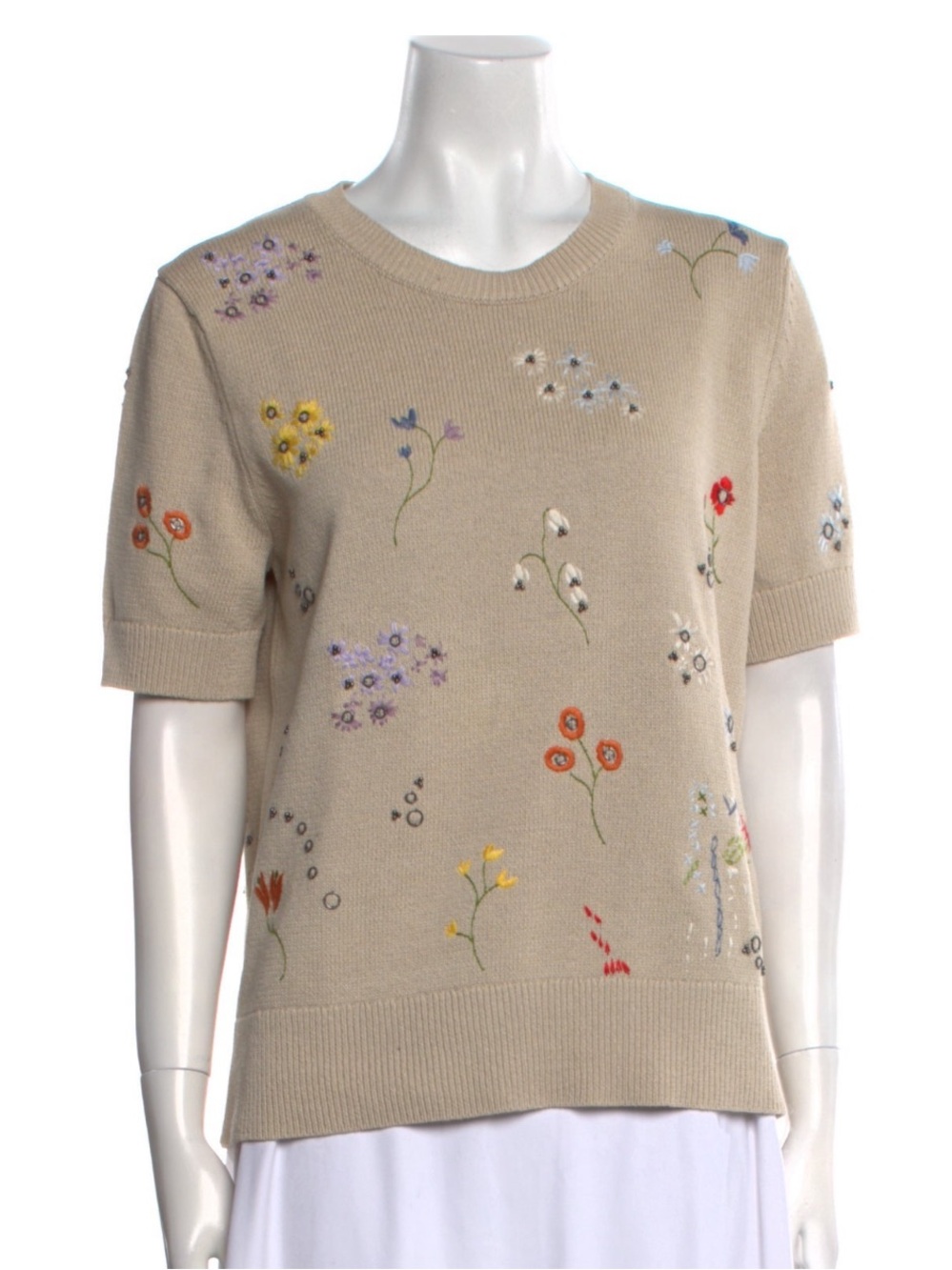 Tory Burch Crew Neck Floral Short Sleeve Sweater